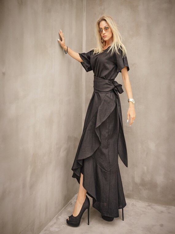 Handmade Black Linen Maxi Dress, Kaftan Style
