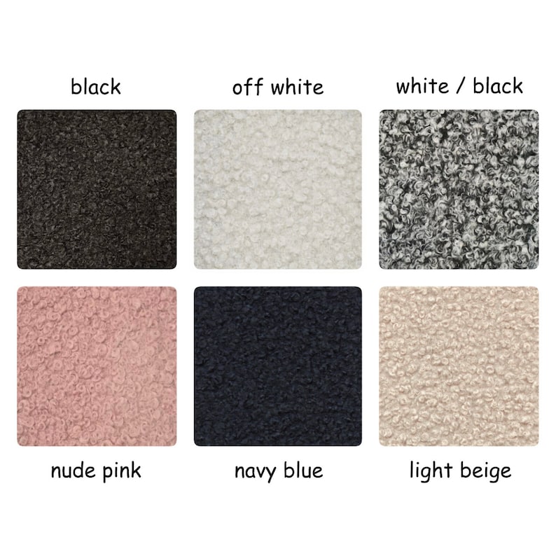 May include: Six fabric swatches in different colors and textures. The swatches are arranged in two rows of three. The colors are black, off white, white/black, nude pink, navy blue, and light beige.