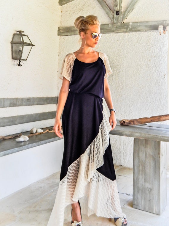 Black Viscose Maxi Dress with Flounces, Plus Size Summer Dress Black Viscose Maxi Dress with Flounces, Plus Size Summer Dress