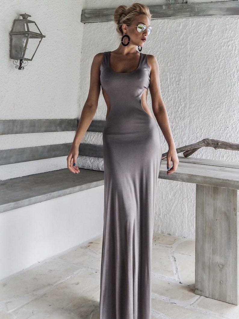 Silver Gray Shiny With Cut Out Details Open Back Maxi Dress   image 2