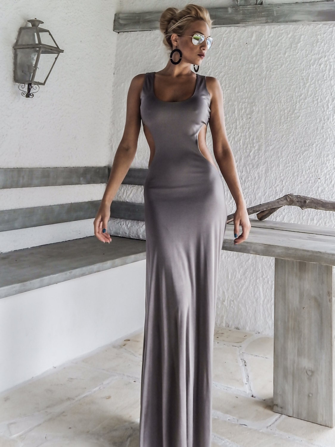 Silver Gray Shiny With Cut Out Details Open Back Maxi Dress - #95023