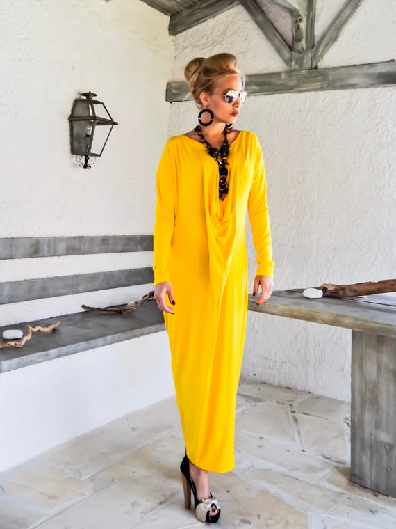 Yellow Maxi Long Sleeve Dress / Yellow Kaftan / Asymmetric Plus Size Dress  / Oversize Loose Dress / 35221 -  Canada