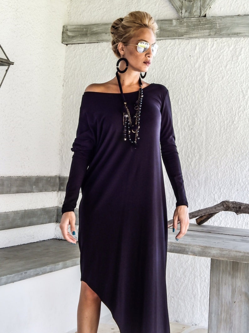Black Maxi Dress with slit Dress with Slit Leg Cut Out Dress Open Leg Dress Black Kaftan Asymmetric Dress Plus Size Dress #35034