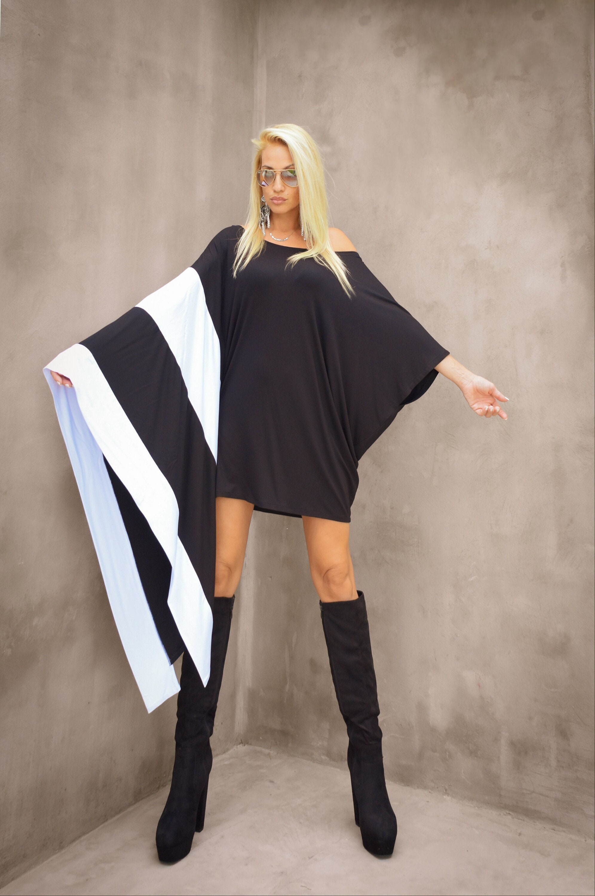 Asymmetric Oversized Cotton Viscose Tunic Dress: Plus Size, Loose Fit