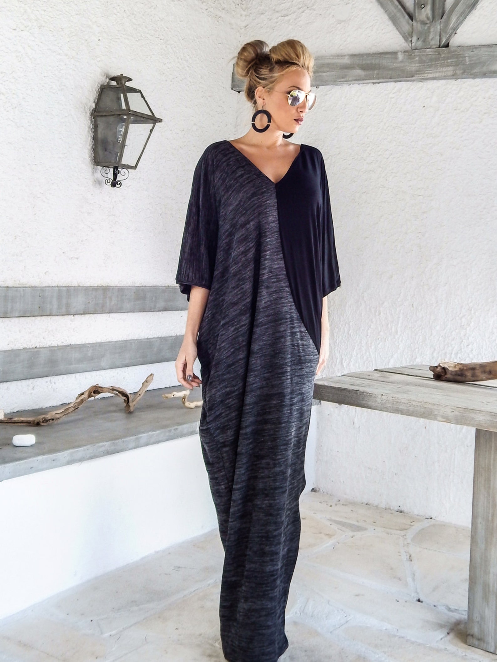 Crew Neck 3/4 Sleeve Split Kaftan Maxi Dress (OS) (Pack of 6)