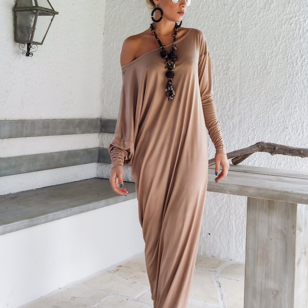 Maxi Dress / Kaftan / Taupe Maxi Dress / Plus Size Dress / Long Sleeve Dress / Maternity Dress / Evening Dress / Elegant /  #35045