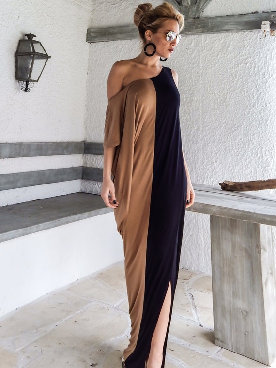 Black & Camel Maxi Dress / Black Taupe Kaftan / Asymmetric | Etsy