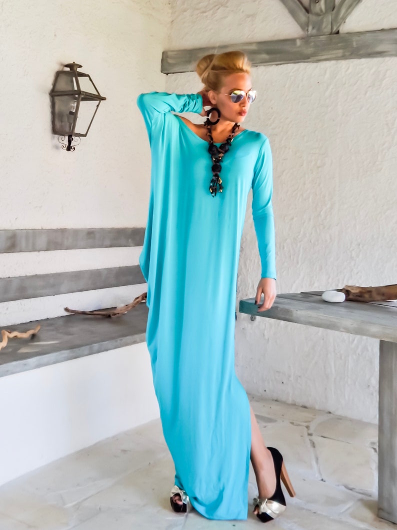 Braunes Maxi Kleid / Maxi Kleid / Kaftan / Langarm Kleid / Winter Kleid / Maxi Kleid / Asymmetrisches Kleid / Kaftan/ 35050 turqoise