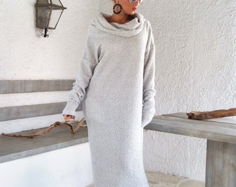 Winter Wool Boucle Turtleneck Maxi Dress Kaftan with Pockets /  Winter Warm Long Dress / Asymmetric Plus Size Dress / Oversize / #35148