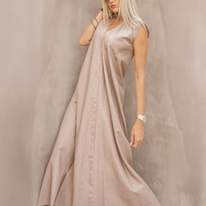 Linen Taupe Dress, Loose Linen Open Back Maxi Dress,, Linen Plus Size Dress, Beach Summer Linen Dress, Sustainable Dress #35412