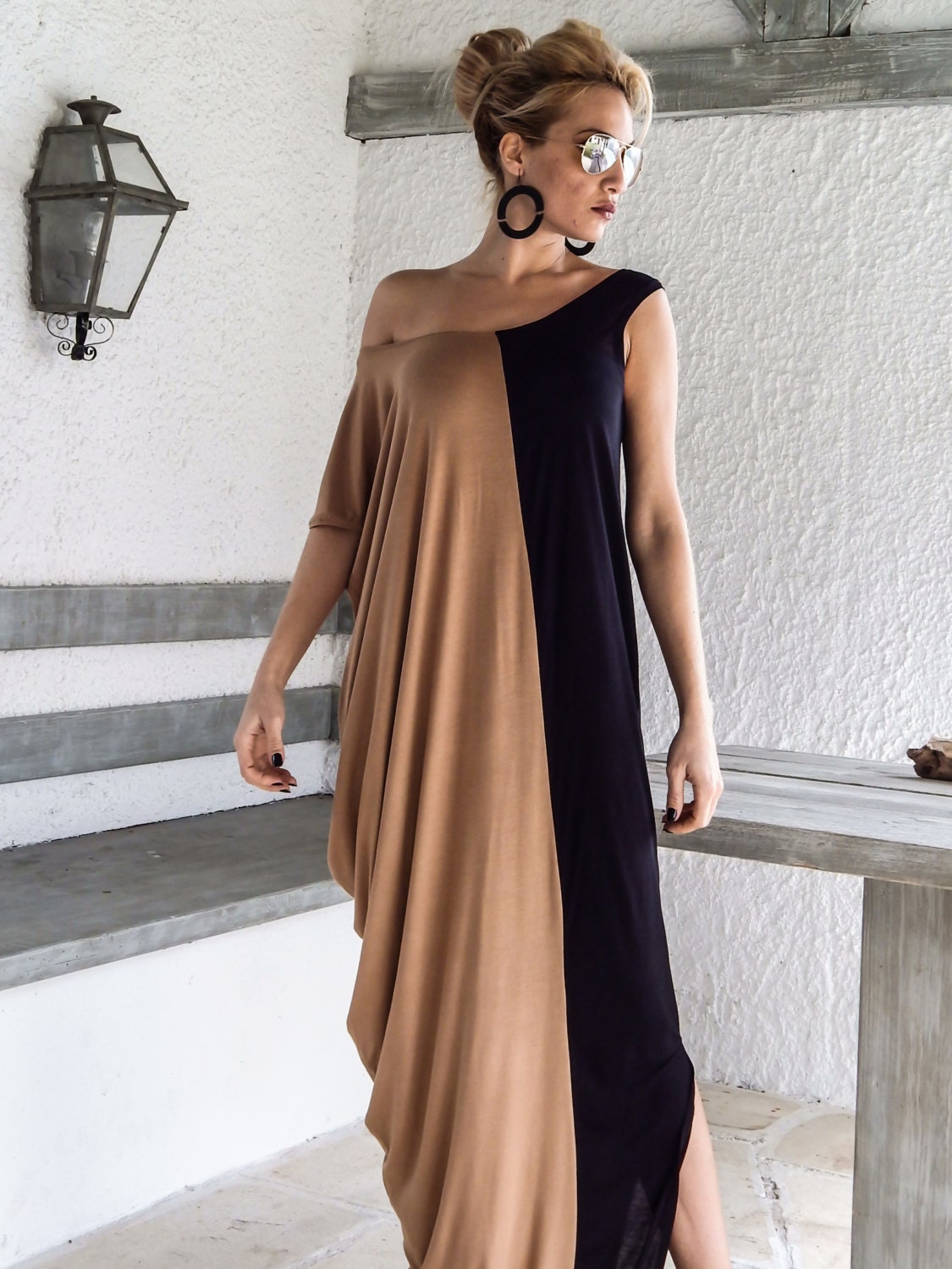 Black & Taupe Maxi Dress / Black Taupe Kaftan / Boho Dress / Etsy