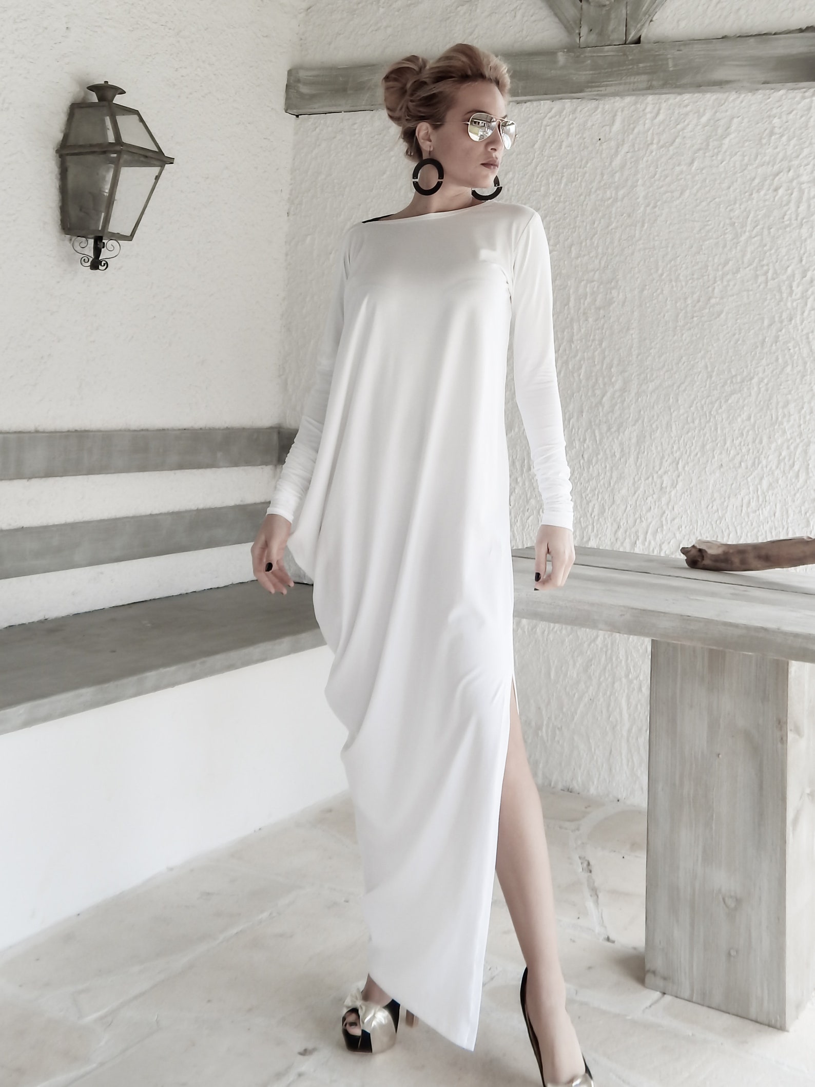 White Maxi Dress Kaftan with Black See-Through Detail / | Etsy