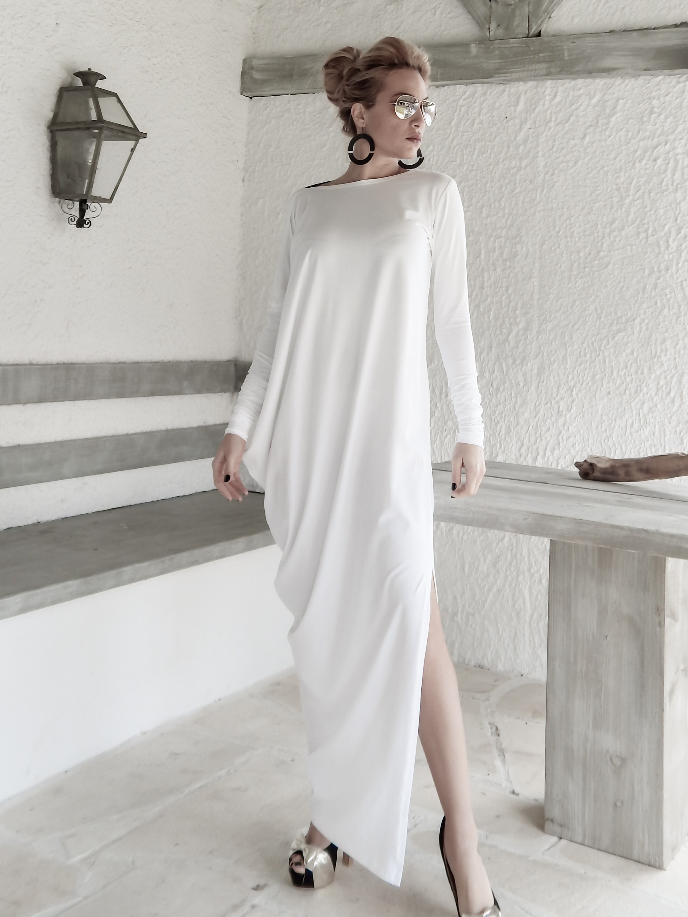 White Maxi Dress Kaftan With Black See-through Detail / | Etsy