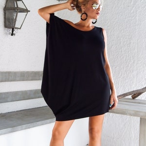 Black Plus Size Asymmetric Tunic for Everyday and Special Occasions, Loose Black Blouse and Versatile Party Dress  #35006