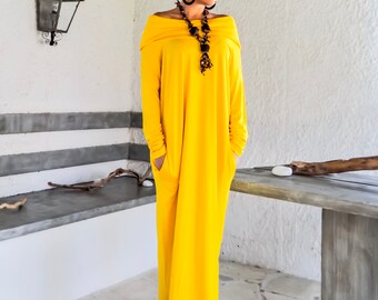 Yellow Maxi Long Sleeve Turtleneck Dress with pockets / Yellow Kaftan / Asymmetric Plus Size Dress / Oversize Loose Dress / #35215