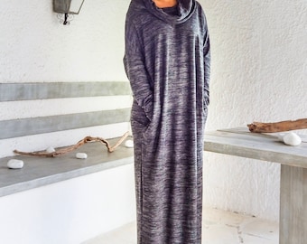 Turtleneck Maxi Dress with Pockets, Long Sleeve Knit Winter Dress
