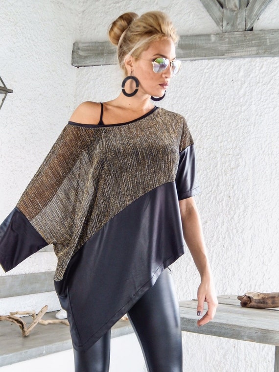 Sequin Asymmetric Top Black Leather Details / Evening Top