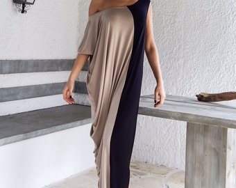 Schwarz + Beige Maxikleid / Schwarz-beiger Kaftan / Asymmetrisches Kleid in Übergröße / Lockeres Oversize Kleid / #35061