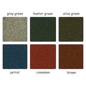 May include: Six color swatches showing different shades of green, blue, red, and brown. The swatches are labeled "gray green", "hunter green", "olive green", "petrol", "cinnamon", and "brown".