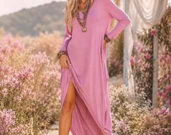 Pink Kaftan Dress for Women, Boho Resort Wear Maxi Dress, Long Sleeve Loose Fit Caftan, Cotton Viscose Jersey Dress, Plus Size Clothing