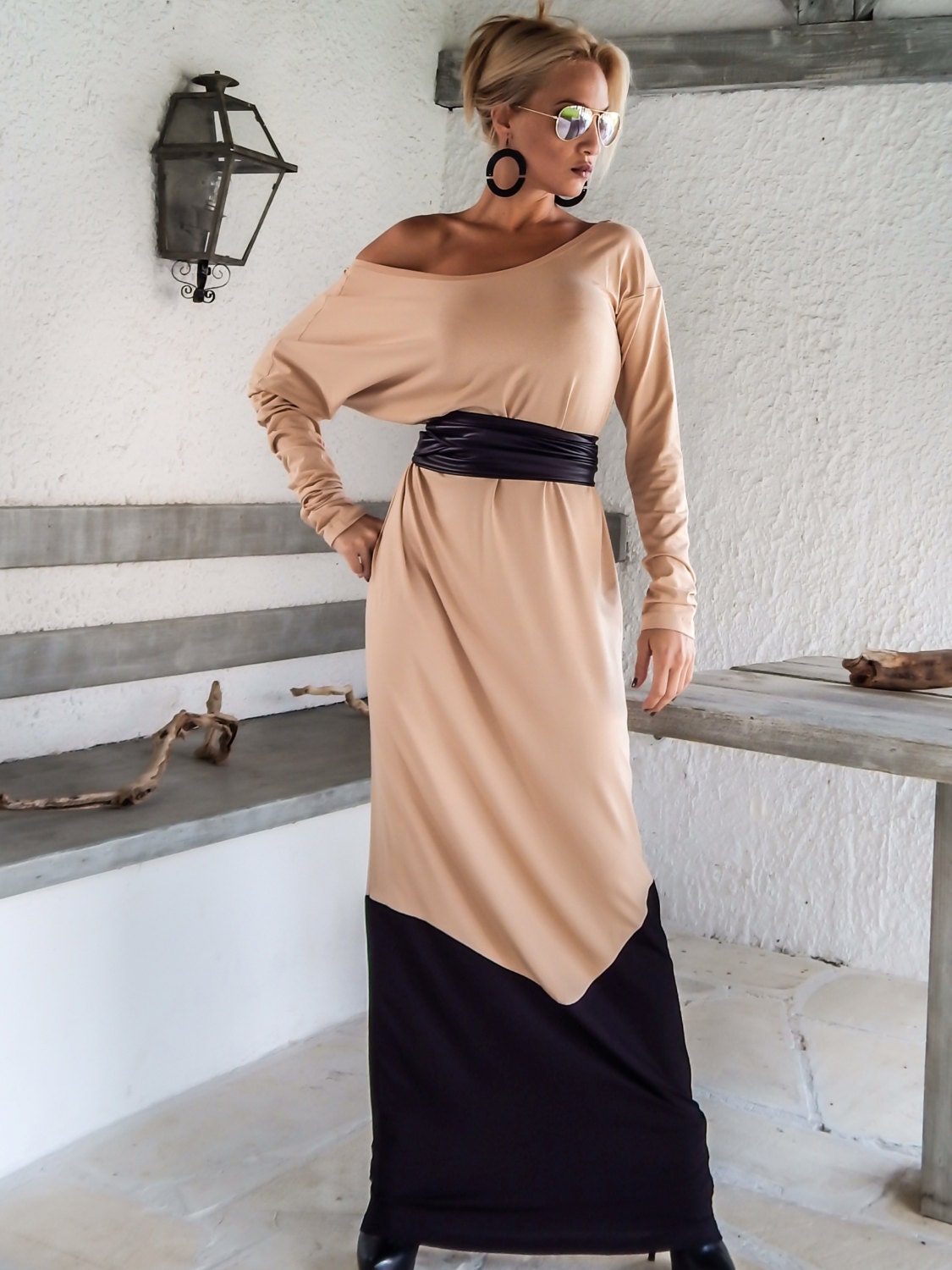 Long Sleeve Maxi Dress / Nude Black 