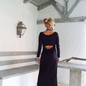 Black Maxi Dress with back cut out / Women Long Dress / Black Maxi Dress / Plus Size Dress / Long Sleeve Dress / Plus Size Clothing  #35026