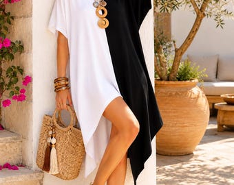 Black White Color Block Tunic Dress, Oversized Boho Blouse for Women, Loose Fit Beach Cover Up, Plus Size Summer Tunic, Resort Wear