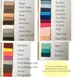 May include: A color chart displaying fabric swatches in various shades including black, white, beige, taupe, brown, blue, pink, green, and red. Each swatch is labeled with its corresponding color name. A note indicates unavailable colors.