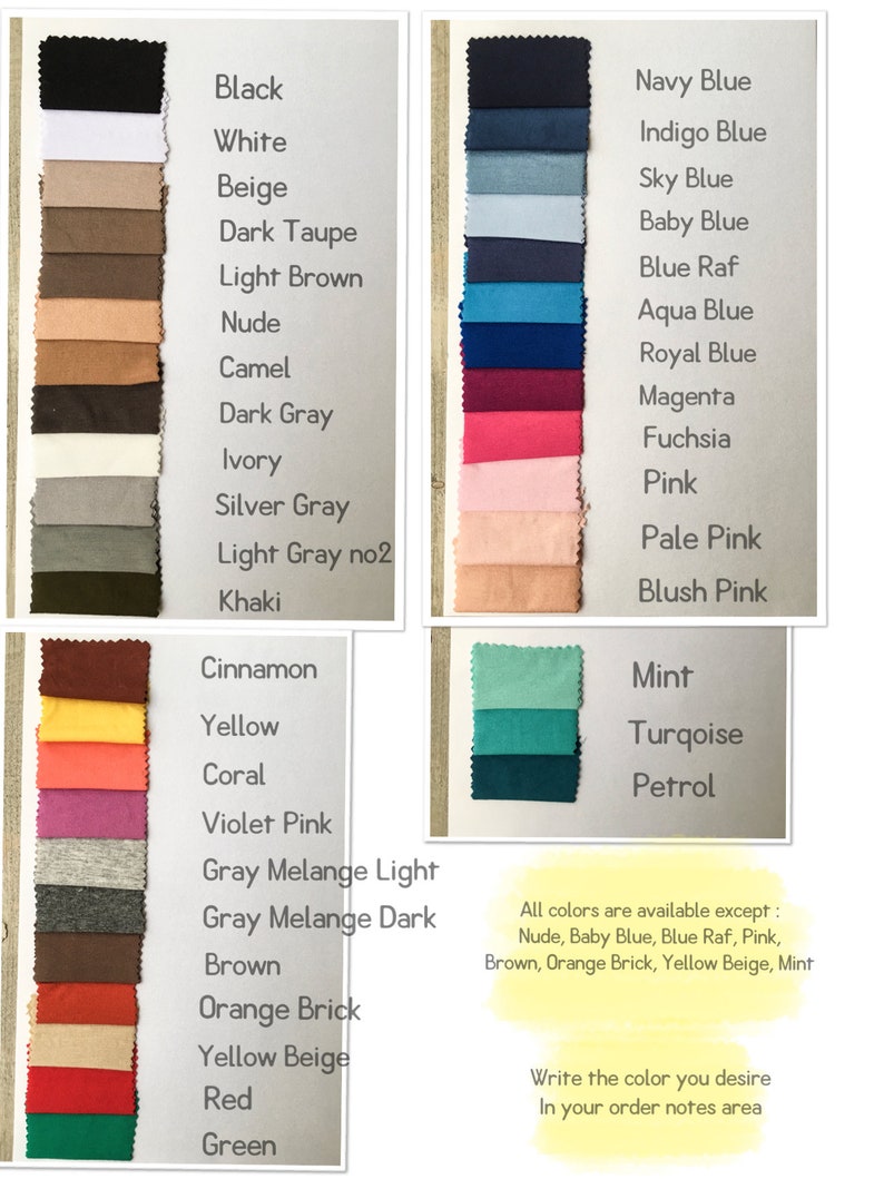 May include: A color chart displaying fabric swatches in various shades including black, white, beige, taupe, brown, blue, pink, green, and red. Each swatch is labeled with its corresponding color name. A note indicates unavailable colors.