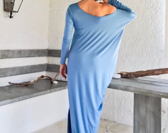Sky Blue Asymmetric Maxi Dress / Sky Blue Kaftan / Asymmetric Plus Size Dress / Spring Dress / Plus Size Dress / Long Sleeve Dress #35207
