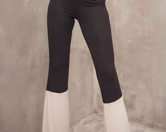 Bicolor Flare Pants, Black & Beige, Handmade Viscose