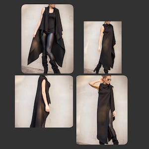 May include: A black sleeveless long vest with a draped design. The vest is shown on a model in four different poses.