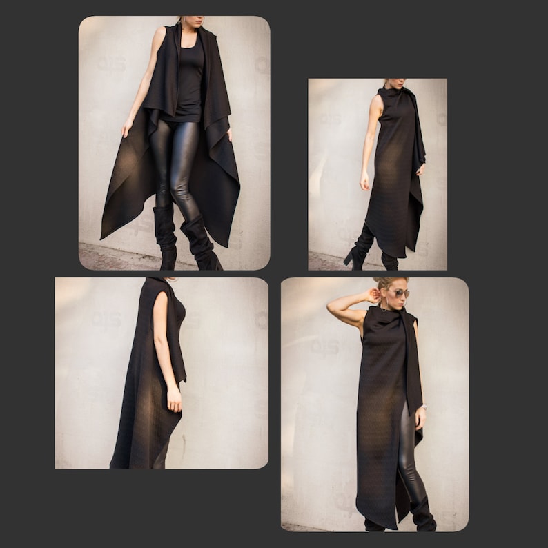 May include: A black sleeveless long vest with a draped design. The vest is shown on a model in four different poses.