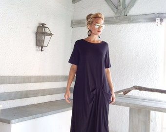 Schwarzes Viskose Maxi Kleid, Asymmetrischer Kaftan, Plus Size