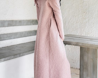 NEUER Pinkfarbener Maxi Mantel aus Wolle / Lange Weste mit Ärmeln / Wintermantel / Mantel mit Reißverschluss / Wollweste / Boucle-Mantel #35351