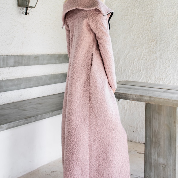 NEW Pink Wool Winter Coat / Maxi Coat / Long vest with sleeves / Winter Coat / Coat with Zipper / Wool Vest / Wool Boucle Coat #35351