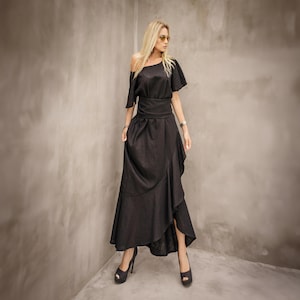 Linen Maxi Dress, Black Linen Dress, Summer Maxi Dress, Long Linen Dress Women, Linen Kaftan Dress, Black Kaftan Linen Dress #35390