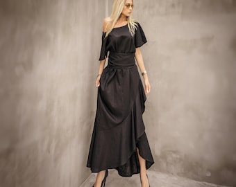 Handmade Black Linen Maxi Dress, Kaftan Style