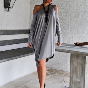 Chic Light Gray Asymmetric Plus Size Dress-Blouse-Tunic for Everyday Style, Elegant Spring Summer Oversized Tunic #35064