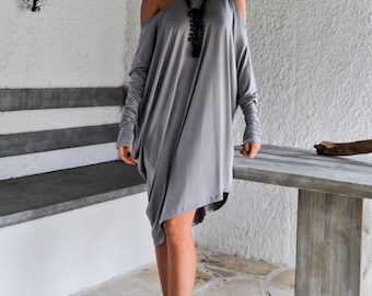 Chic Light Gray Asymmetric Plus Size Dress-Blouse-Tunic for Everyday Style, Elegant Spring Summer Oversized Tunic #35064