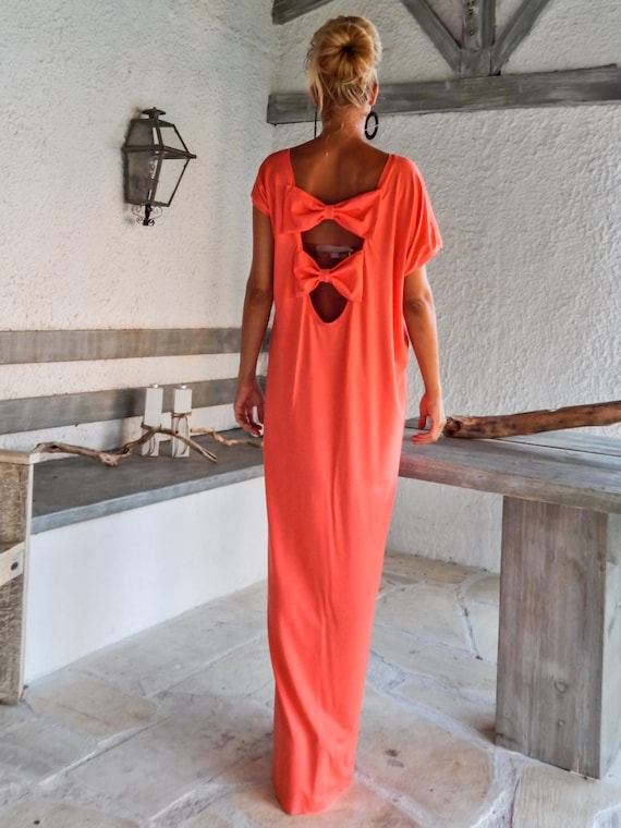 Coral Summer Maxi Dress / Maxi Dress with Bows / Open Back Bow Dress / Summer Kaftan / Women Summer Dress / Romantic Dress /Bow Dress #35084