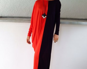 Black & Red Maxi Dress / Black Red Kaftan / Bicolor dress / Asymmetric Plus Size Dress / Oversize Dress / Long Sleeve Dress  #35057