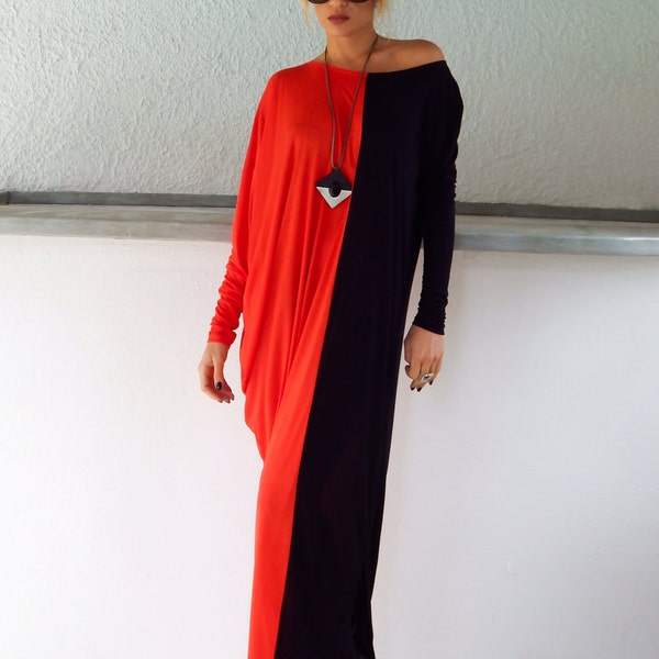 Black & Red Maxi Dress / Black Red Kaftan / Bicolor dress / Asymmetric Plus Size Dress / Oversize Dress / Long Sleeve Dress  #35057