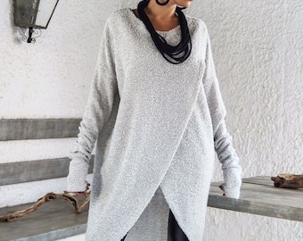 Handmade Wool Boucle Tunic: Asymmetric Oversize Sweater, Plus Size