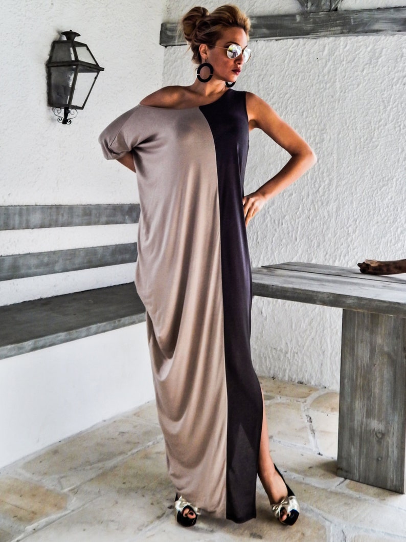 Gray & Beige Maxi Dress / Gray Beige Kaftan / Asymmetric Plus - Etsy