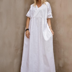 Linen V-neck Puffy Sleeves Dress, Loose Linen Dress, Simple Linen Dress, Everyday Linen Dress, Beach Linen Dress, Summer Linen Dress #35410