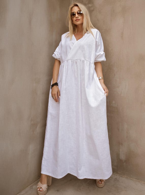 Linen Maxi Oversized Dress, V-Neck Short Sleeves Loose Fit #35410