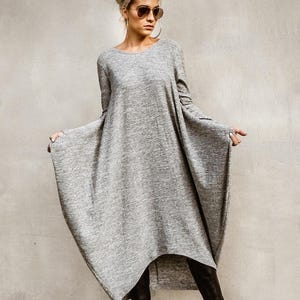 Fall Winter Knit Maxi Dress with Sleeves / Warm Cozy Plus Size Dress / Fall Winter Asymmetrical Dress with Sleeves / Plus Size Dress  #35286