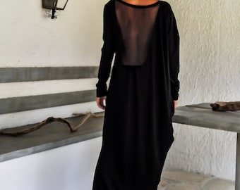 Handmade Black Viscose Open Back Maxi Dress, Evening Cut Out Plus Size Dress #35098