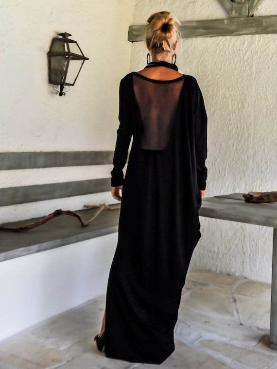 Black Maxi Dress Kaftan with Black See-Through Detail / | Etsy